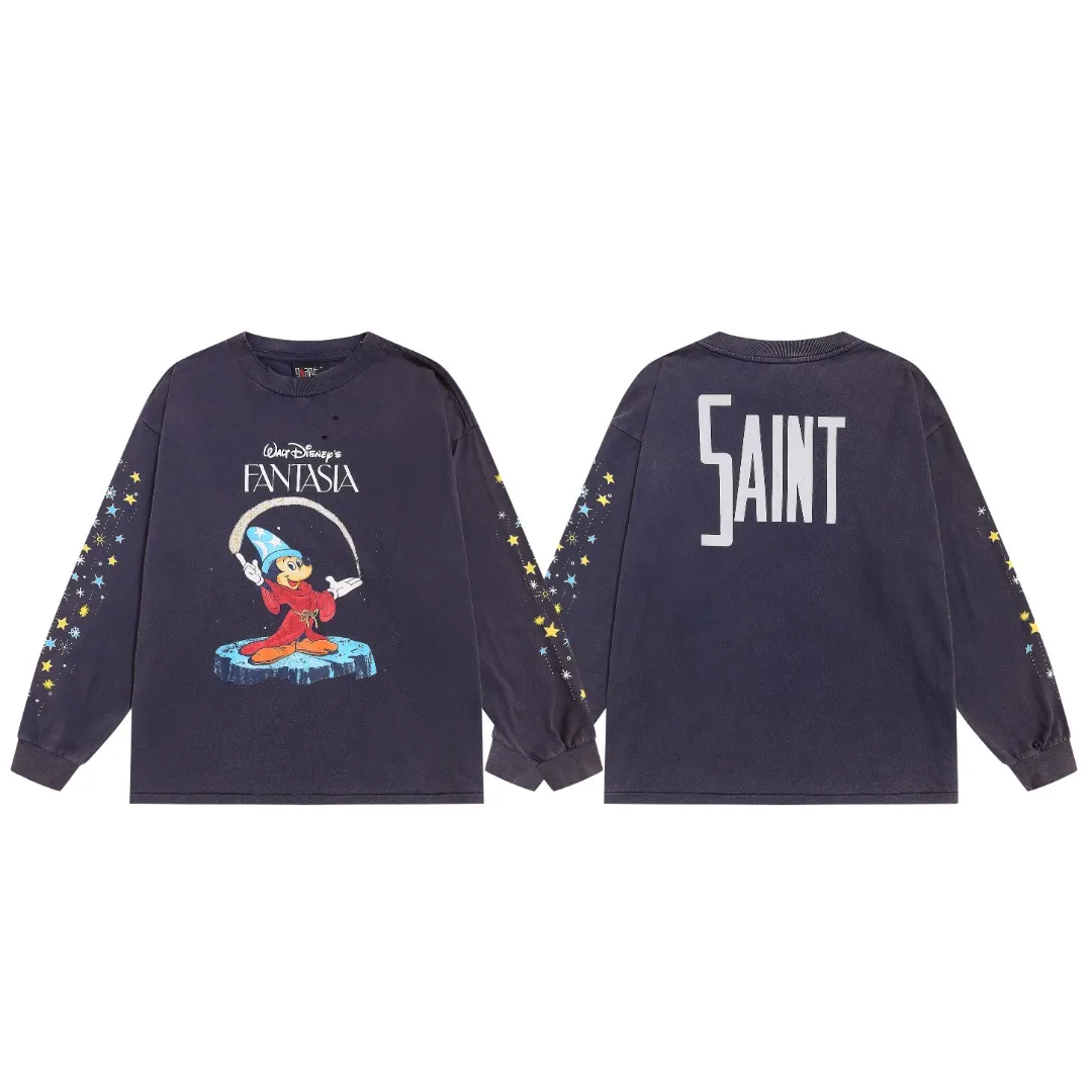Saint Michael trendy brand fantasy magic FANTASIA cartoon print retro washed and distressed loose long-sleeved bottoming T-shirt Fabric: 260g Style number: SM05 Size: S-M-L-XL Color: blue Price: P156